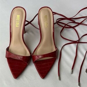 Miss Lola Red Croc-Embossed Lace Up Heels